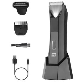 1Pc 2 In 1 Electric Body Trimmer For Men Cordless Beard Groin Ball Pubic Hair Shaver IPX7 Waterproof Razor With LED Light LCD Display Guard Comb (Color: Black)