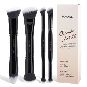 MAANGE 4pcs Basic Makeup Brushes Set With Box Dual-ended Foundations Powder Blush Details for Eyeshadow Brushes Beginner Travel (Handle Color: Black)