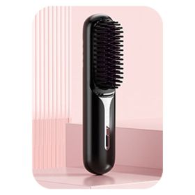Wet Dry Hair Straightener Portable Hair Comb Cordless Hair Straightener Brush with Fast Heating Negative Ions for Fluffy Curly (Color: Black)