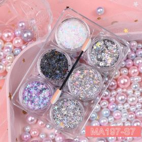 6 jars/set Eyeshadow Glitter Gel Cream Face Hair Body Nail Glitter Gel Heart Star Moon Loose Sequins Festival Makeup Decorations (Color: MA197-S7)
